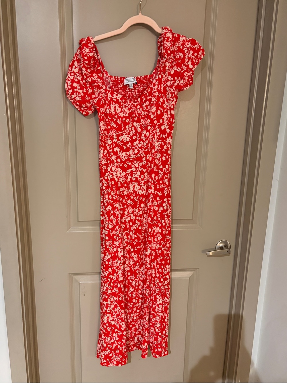 Red Floral Maxi Dress with Puff Sleeves — Lightweight Summer Style